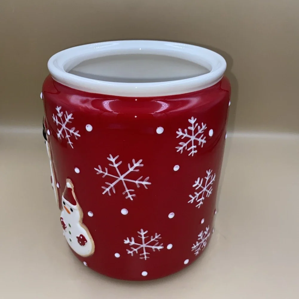 Hallmark Snowman Ceramic‎ Canister Red Holiday Kitchen Decor OS Snowflake Jar